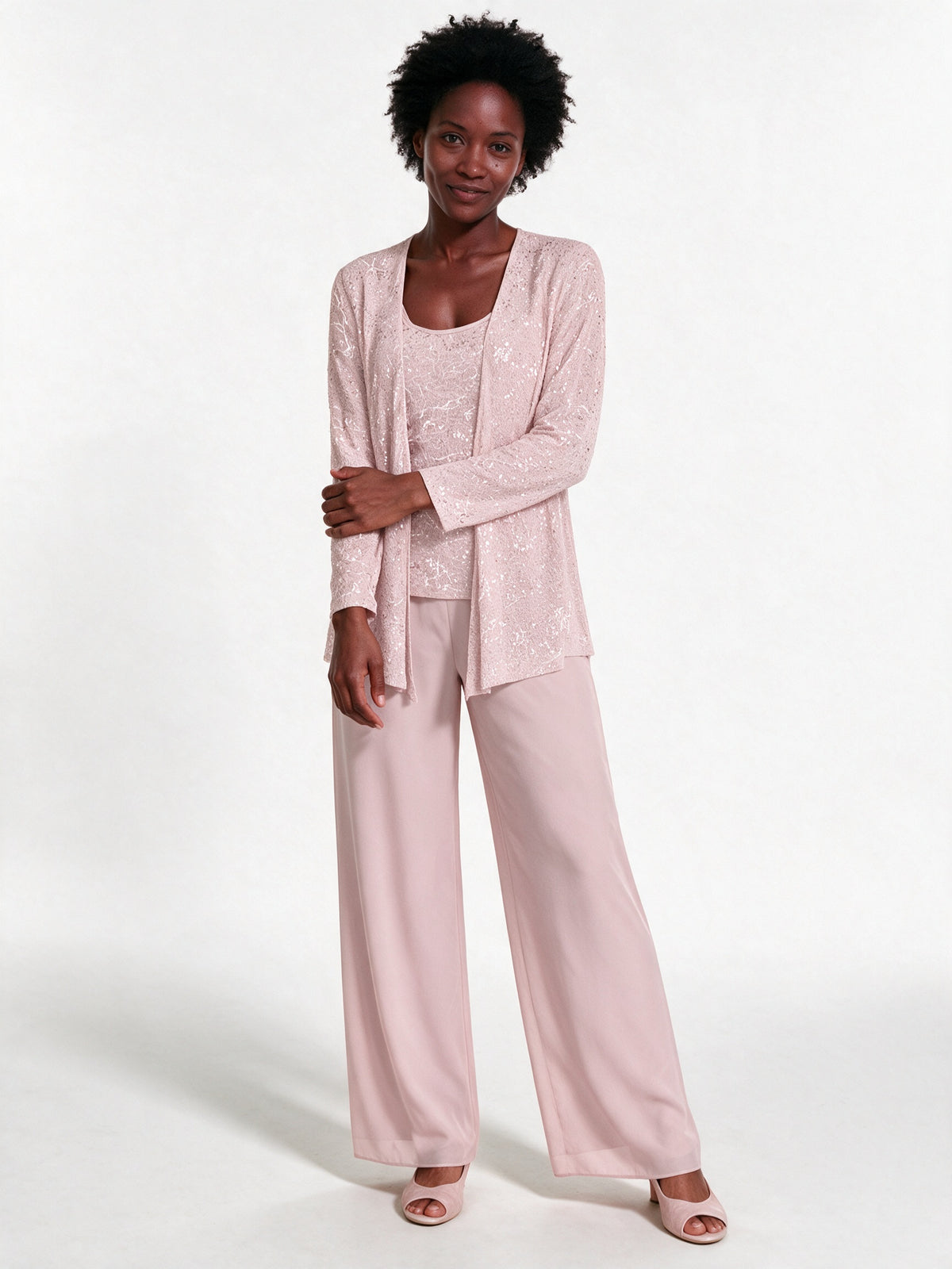 Miriam - Women's Sequin Jacket Three Piece Wide Leg Trouser Suit - Light Pink