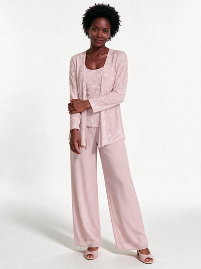 Miriam - Women's Sequin Jacket Three Piece Wide Leg Trouser Suit - Light Pink