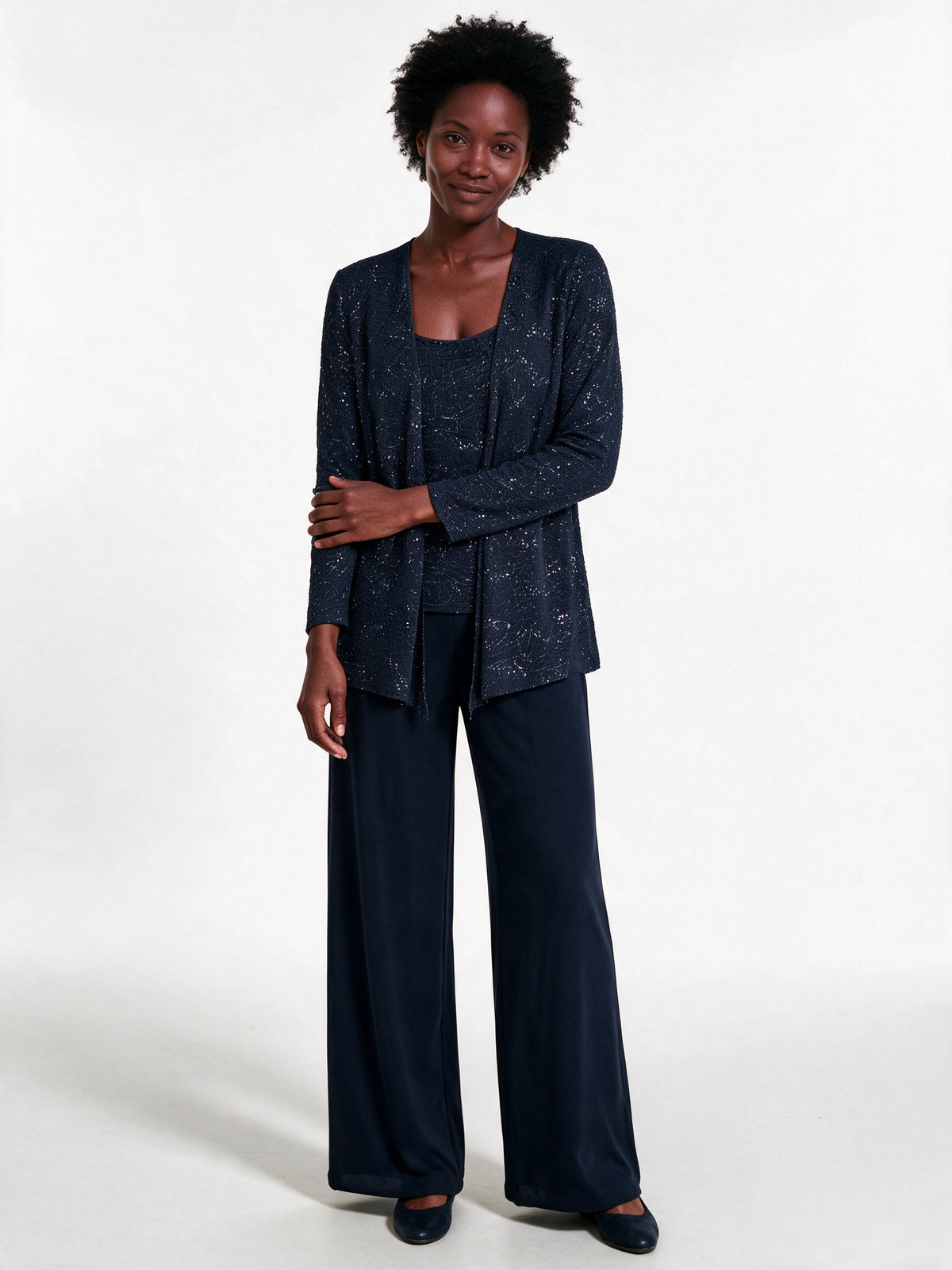 Miriam - Women's Sequin Jacket Three Piece Wide Leg Trouser Suit - Navy Blue