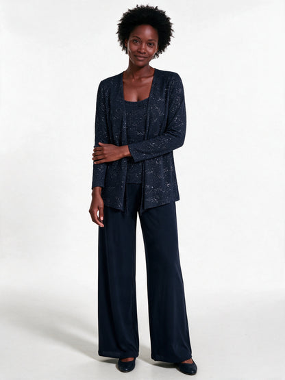 Miriam - Women's Sequin Jacket Three Piece Wide Leg Trouser Suit - Navy Blue