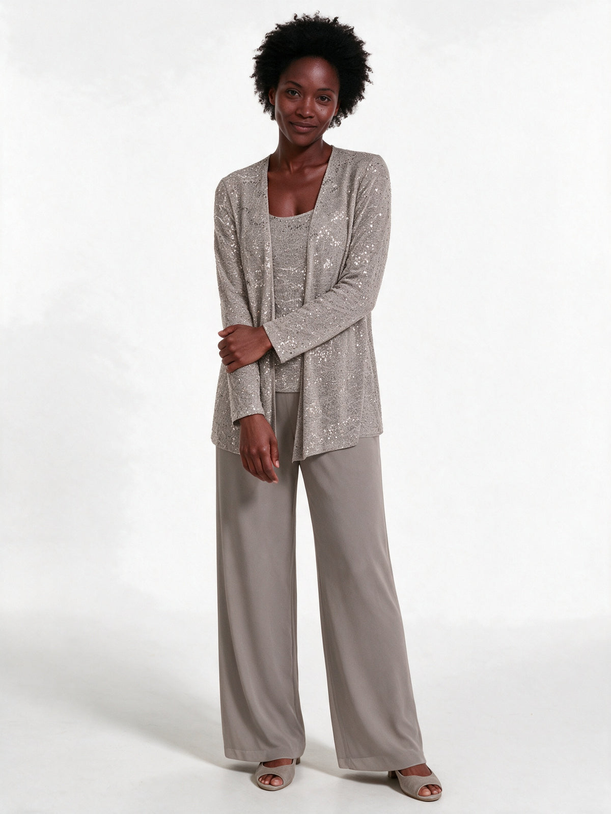 Miriam - Women's Sequin Jacket Three Piece Wide Leg Trouser Suit - Taupe