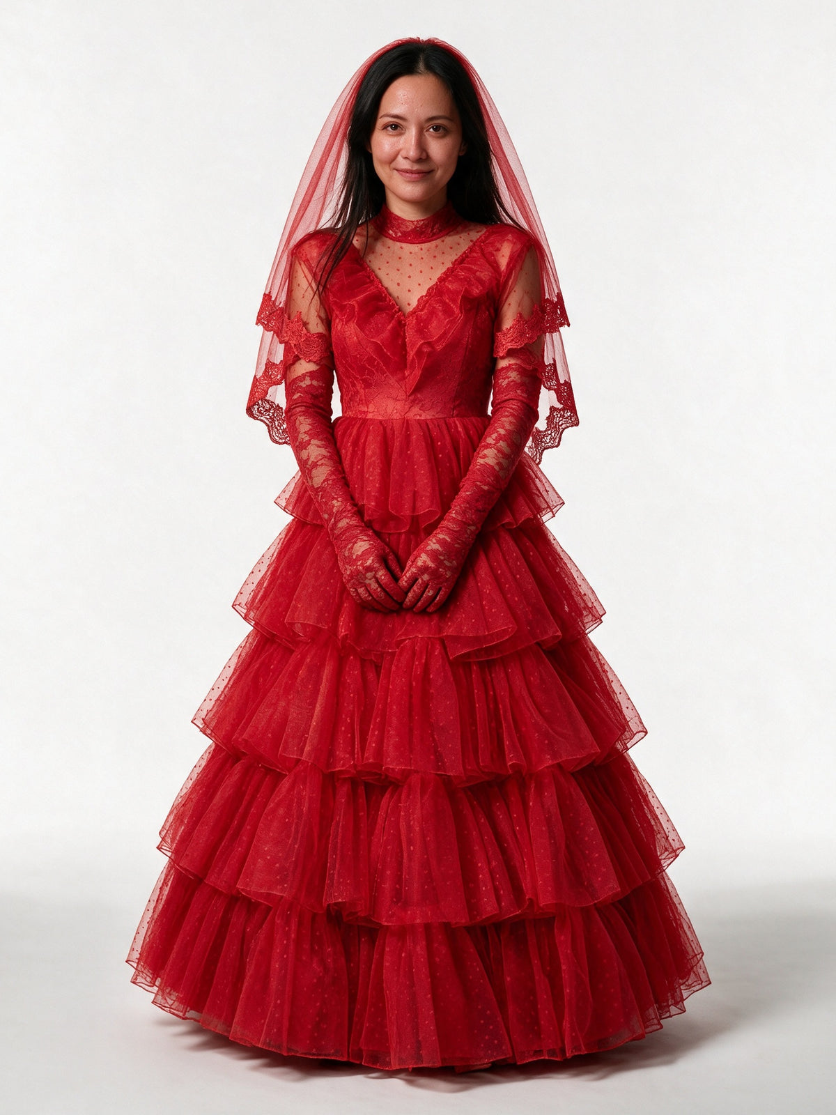 Morgana - Women's Red Tiered Ruffle Bridal Gown with Veil - view 1