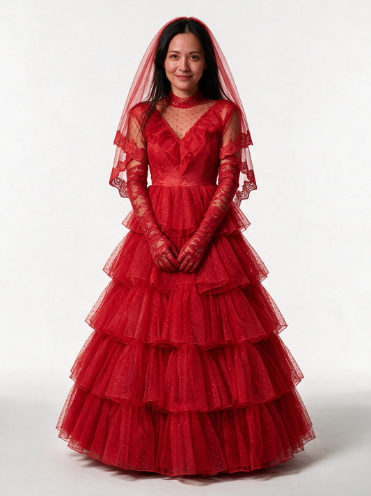 Morgana - Women's Red Tiered Ruffle Bridal Gown with Veil - view 1