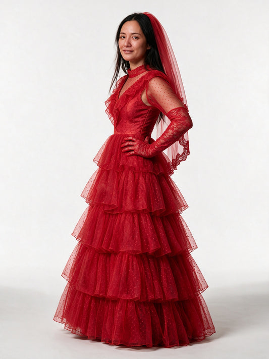 Morgana - Women's Red Tiered Ruffle Bridal Gown with Veil - view 2