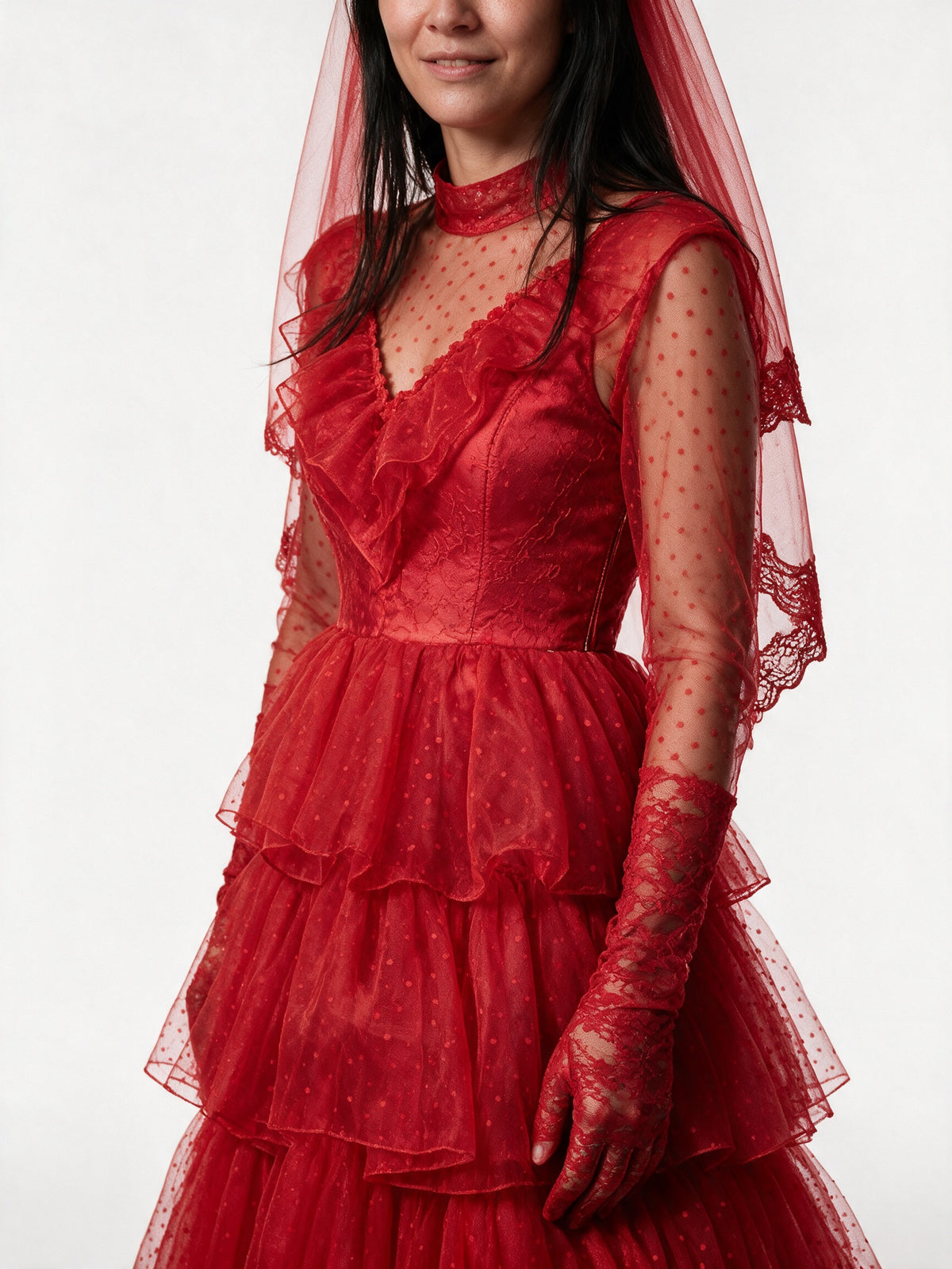 Morgana - Women's Red Tiered Ruffle Bridal Gown with Veil - view 3