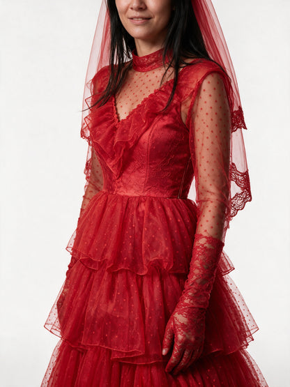 Morgana - Women's Red Tiered Ruffle Bridal Gown with Veil - view 3