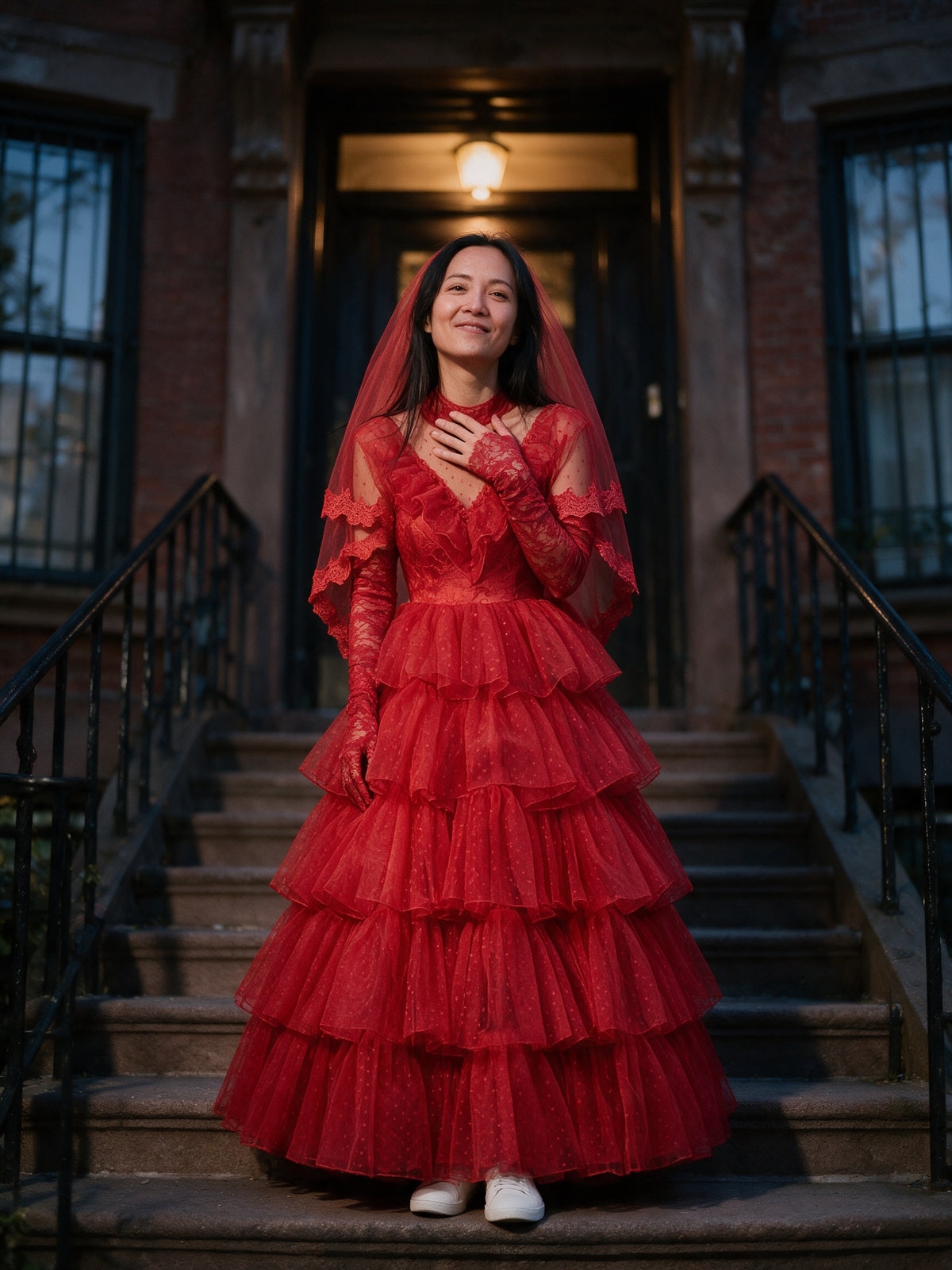 Morgana - Women's Red Tiered Ruffle Bridal Gown with Veil - view 4