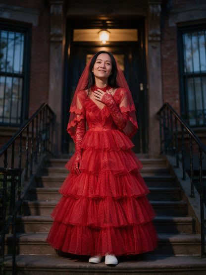 Morgana - Women's Red Tiered Ruffle Bridal Gown with Veil - view 4