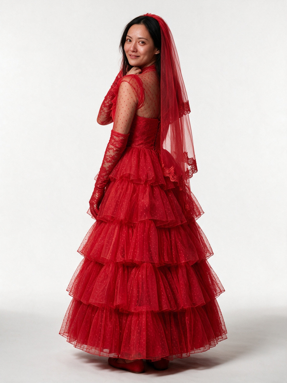 Morgana - Women's Red Tiered Ruffle Bridal Gown with Veil - view 5
