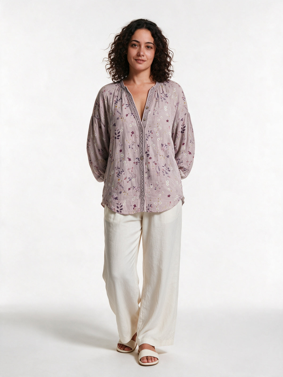 Mykayla - Leaf Print Button Front Blouse with Trimmed Neckline - Pink