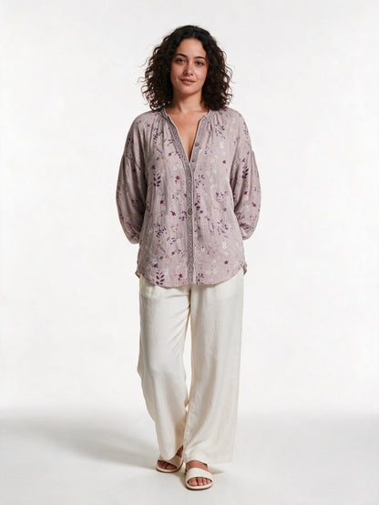 Mykayla - Leaf Print Button Front Blouse with Trimmed Neckline - Pink