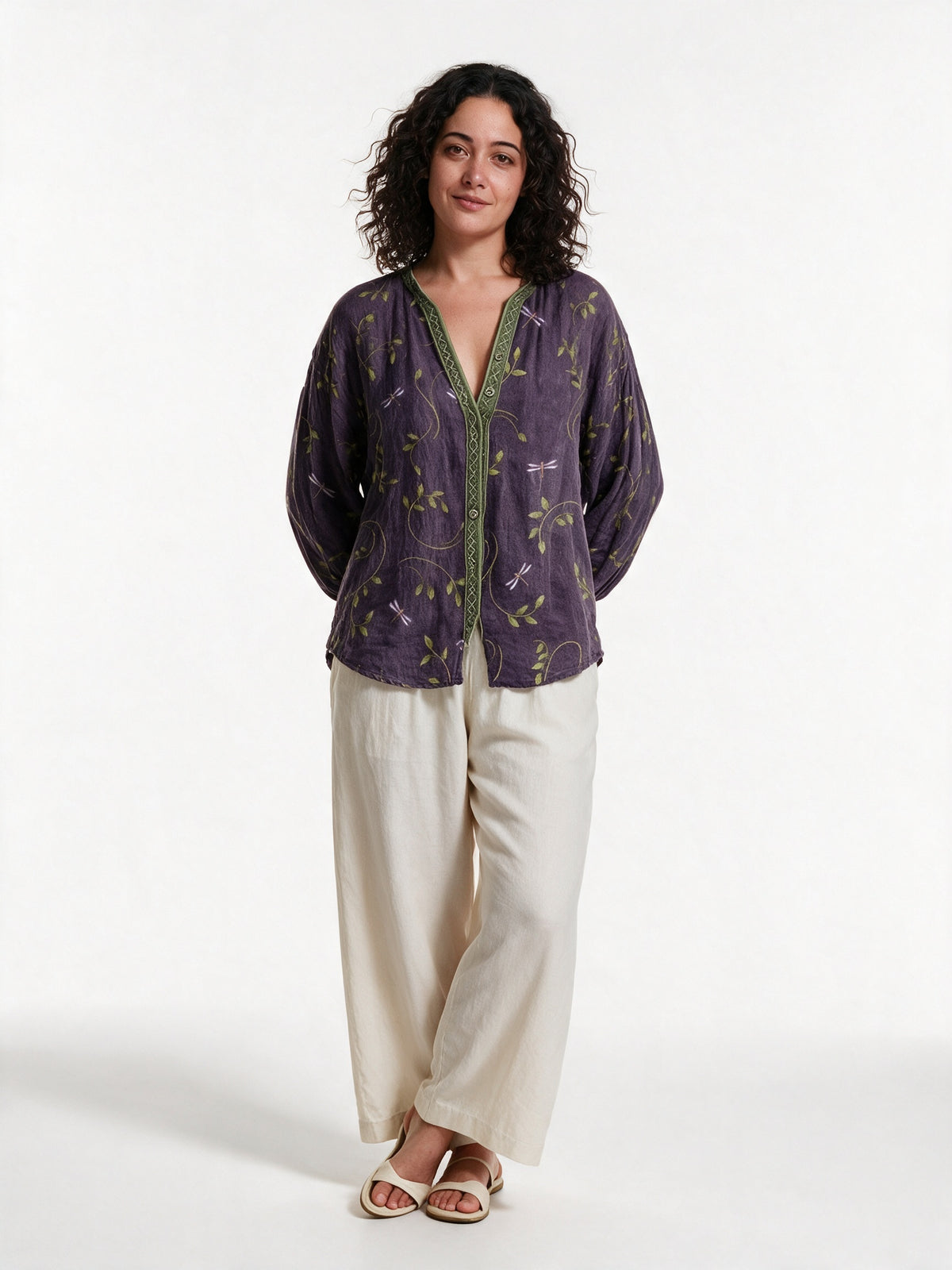 Mykayla - Leaf Print Button Front Blouse with Trimmed Neckline - view 1