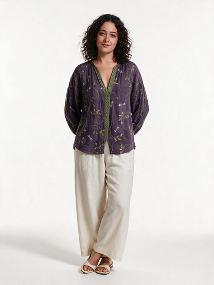 Mykayla - Leaf Print Button Front Blouse with Trimmed Neckline - view 1