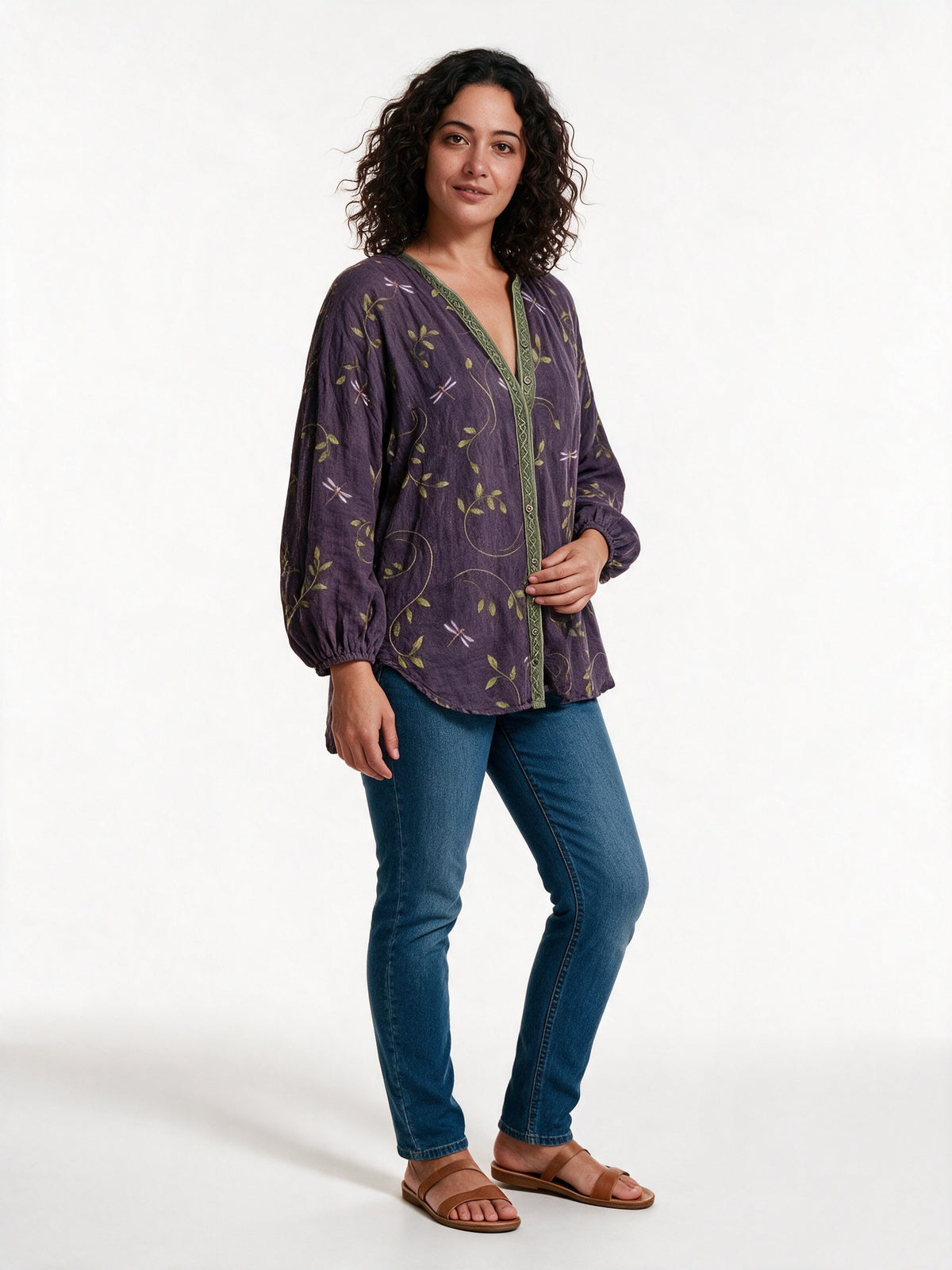 Mykayla - Leaf Print Button Front Blouse with Trimmed Neckline - view 2