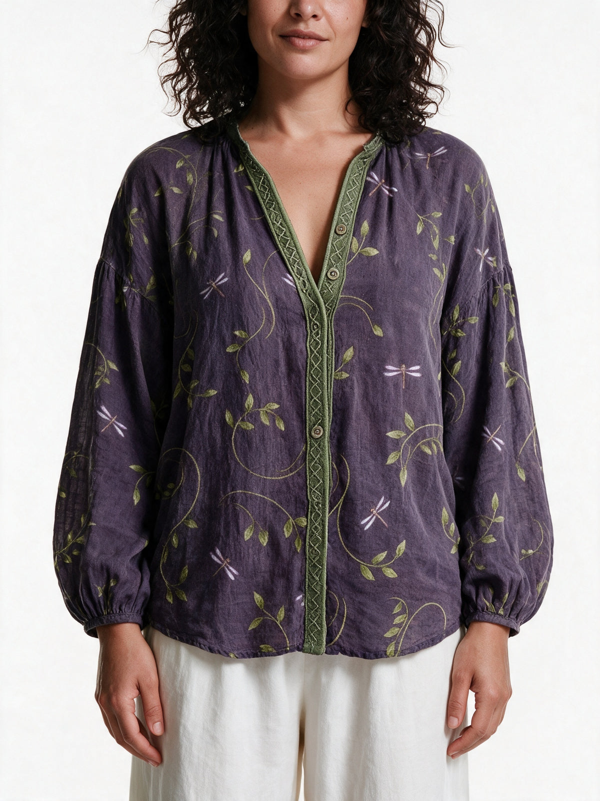 Mykayla - Leaf Print Button Front Blouse with Trimmed Neckline - view 3