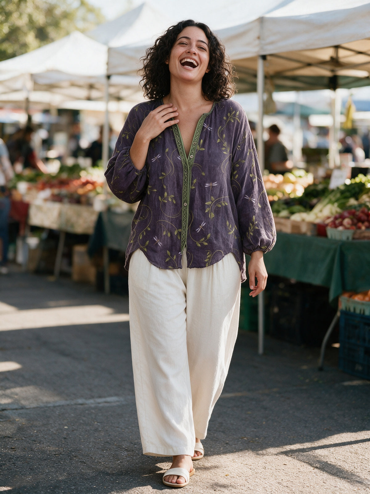 Mykayla - Leaf Print Button Front Blouse with Trimmed Neckline - view 4