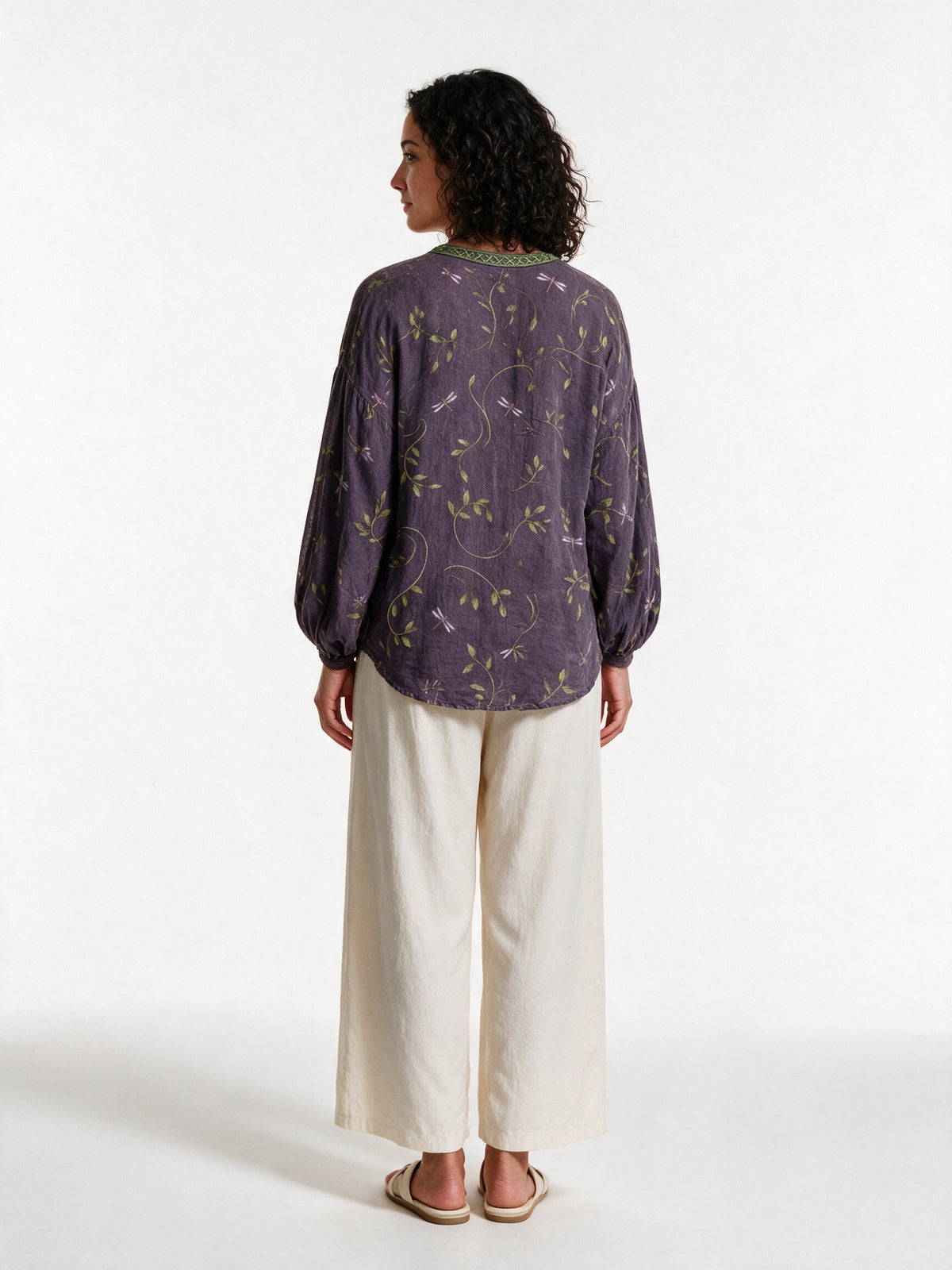 Mykayla - Leaf Print Button Front Blouse with Trimmed Neckline - view 5