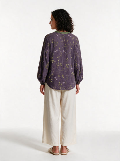 Mykayla - Leaf Print Button Front Blouse with Trimmed Neckline - view 5