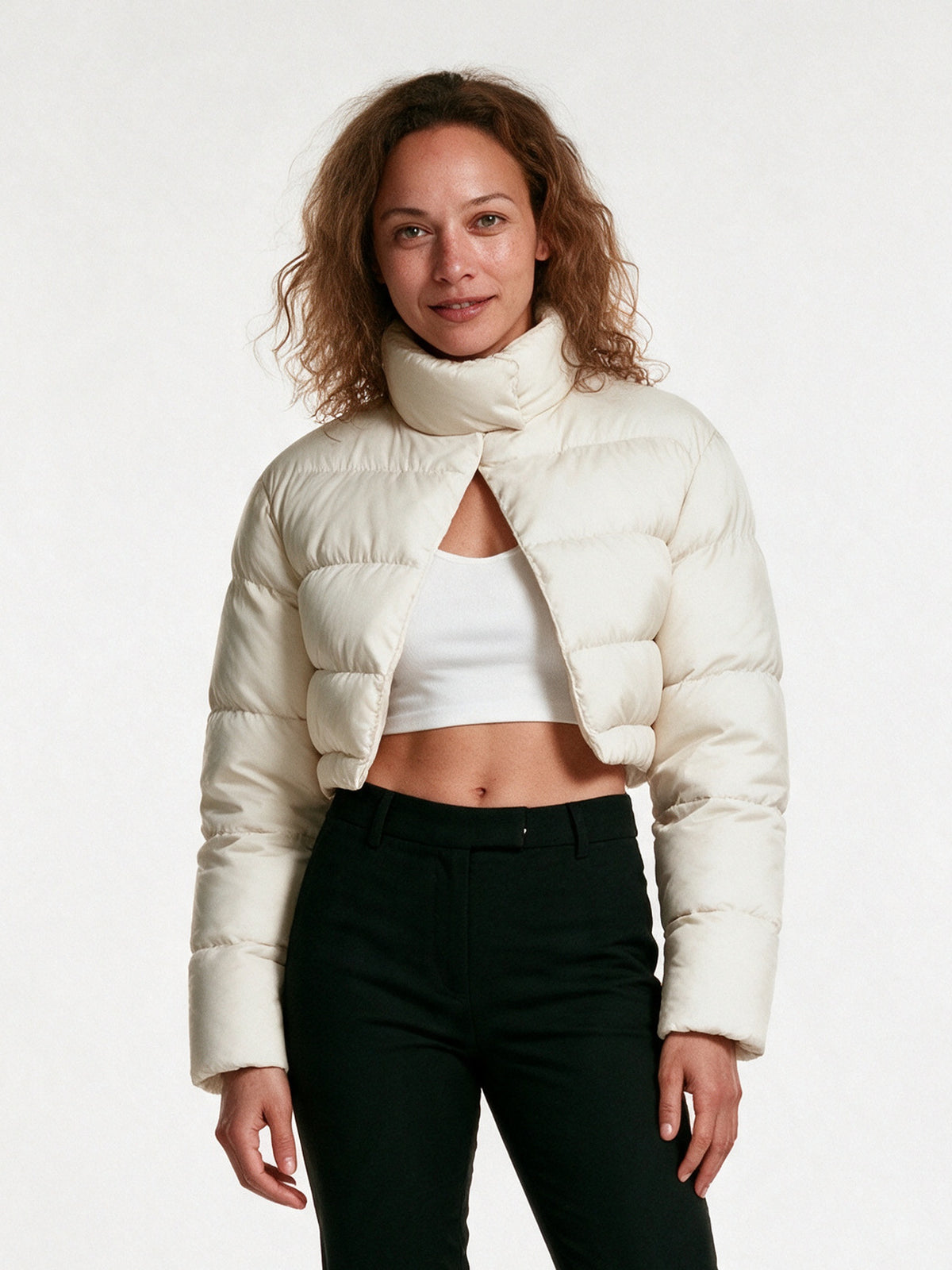 Nadia - Chic Cropped Puffer Jacket for Women - Ivory