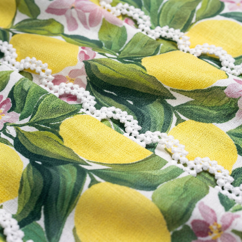 Close-up of Naomi dress fabric showing lemon print and scalloped lace detail