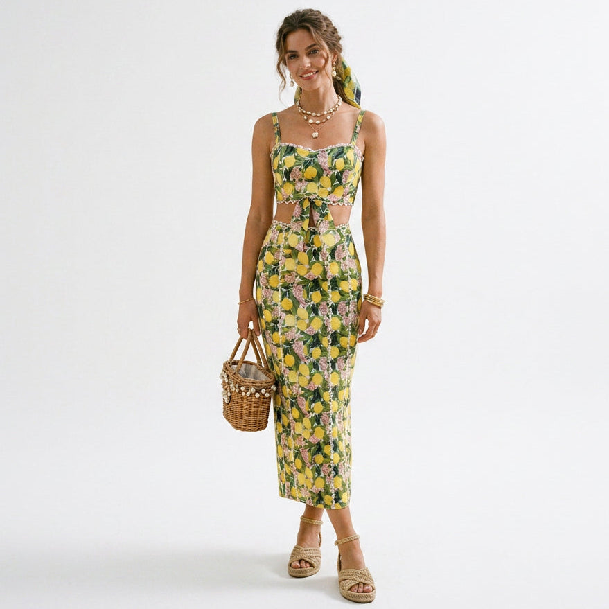 Naomi tropical print camisole top and midi slip skirt set in studio