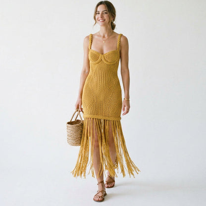 Odette - Chic Summer Midi Dress with Braided Fringe