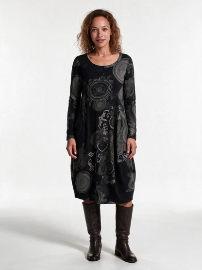 Olivia - Long Sleeve Printed Midi Dress with Pockets - Black