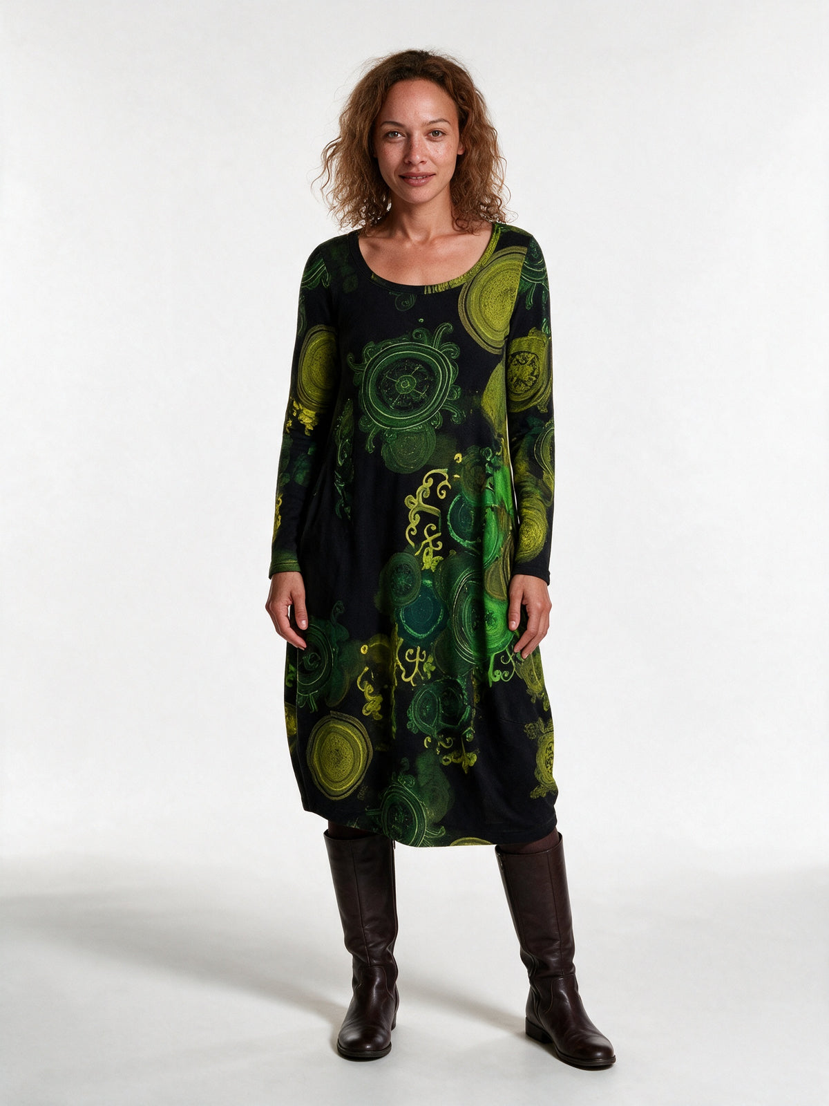 Olivia - Long Sleeve Printed Midi Dress with Pockets - Green