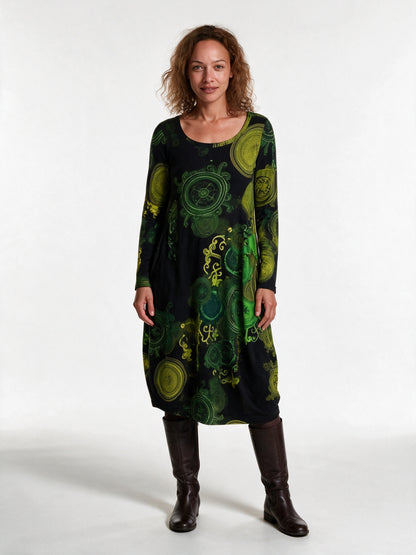 Olivia - Long Sleeve Printed Midi Dress with Pockets - Green