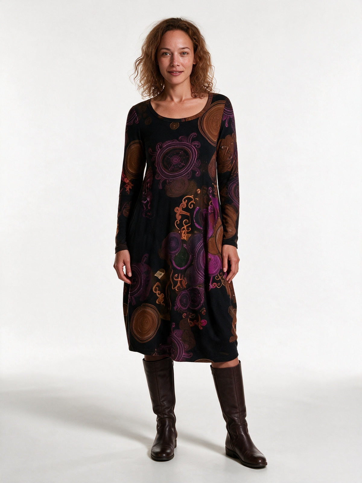 Olivia - Long Sleeve Printed Midi Dress with Pockets - Red