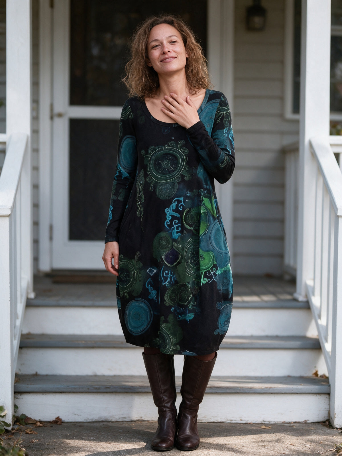Olivia - Long Sleeve Printed Midi Dress with Pockets - view 4