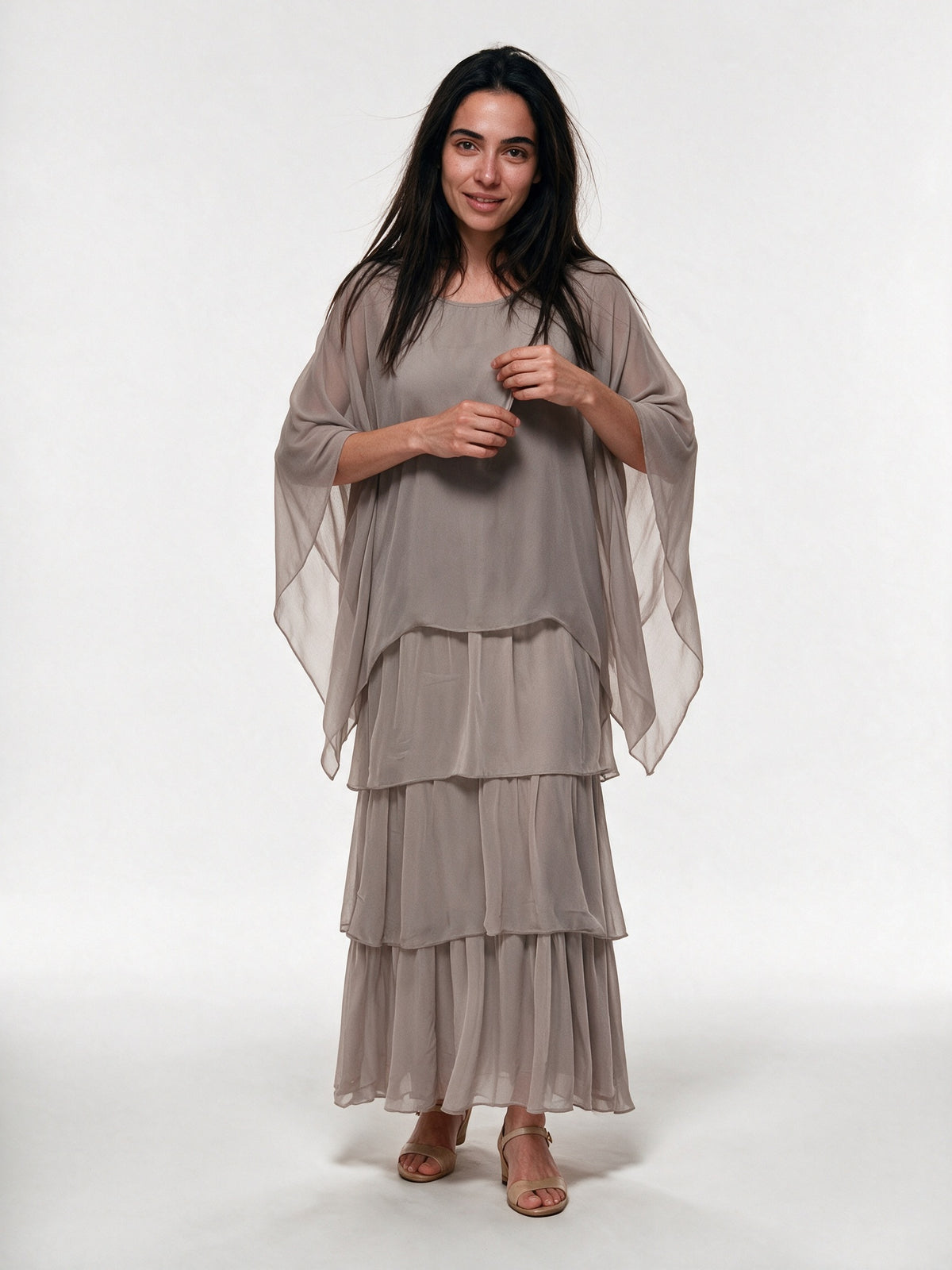 Ondine - Tiered Maxi Dress with Flowing Cape Overlay - Gray