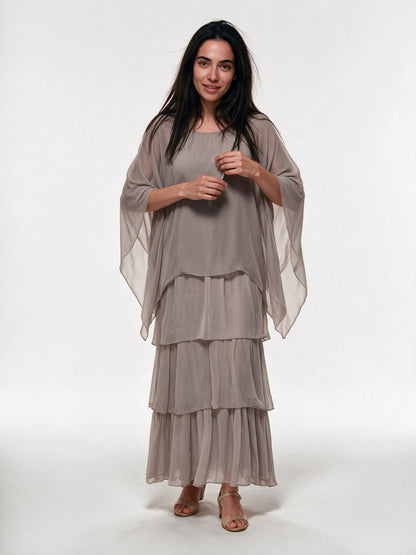 Ondine - Tiered Maxi Dress with Flowing Cape Overlay - Gray