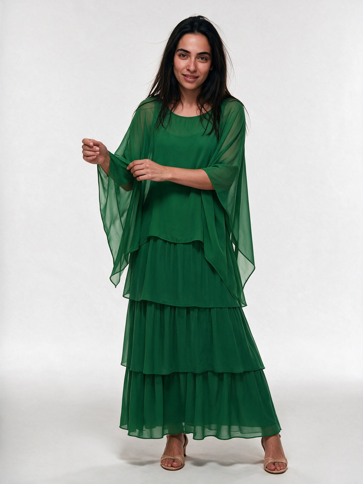 Ondine - Tiered Maxi Dress with Flowing Cape Overlay - Green