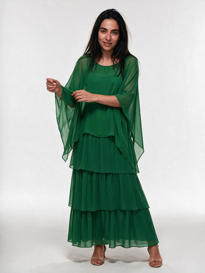 Ondine - Tiered Maxi Dress with Flowing Cape Overlay - Green
