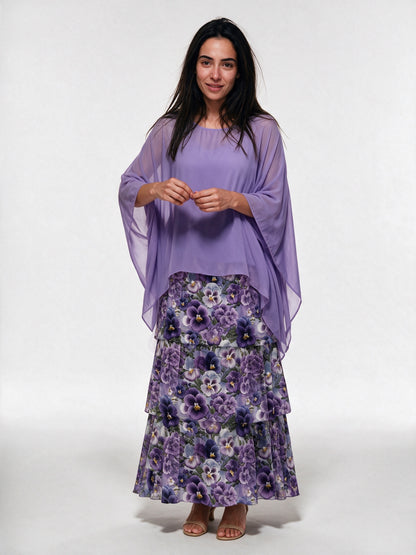 Ondine - Tiered Maxi Dress with Flowing Cape Overlay - Lavender Floral