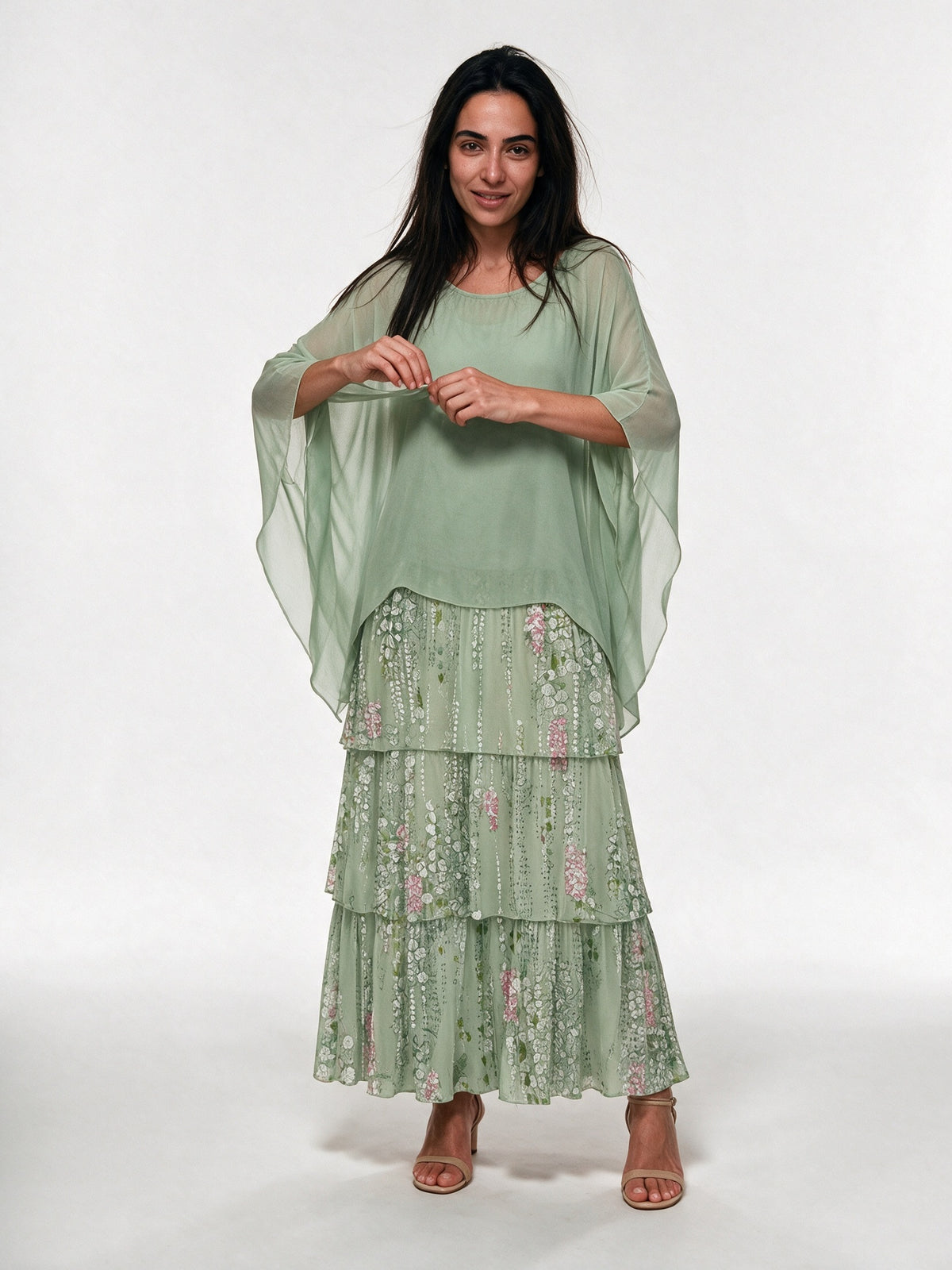 Ondine - Tiered Maxi Dress with Flowing Cape Overlay - Mint Floral