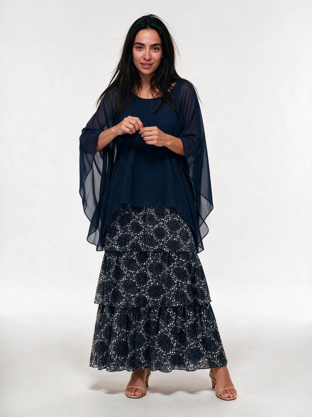 Ondine - Tiered Maxi Dress with Flowing Cape Overlay - Navy Floral