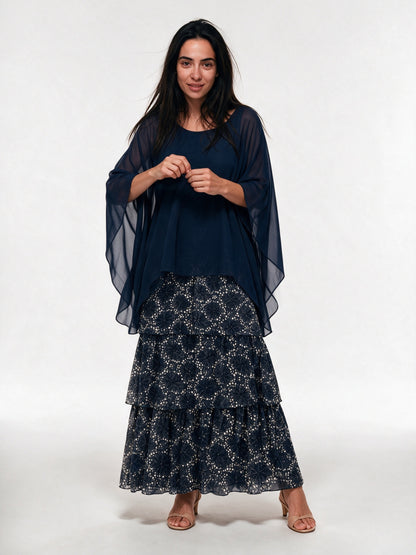 Ondine - Tiered Maxi Dress with Flowing Cape Overlay - Navy Floral