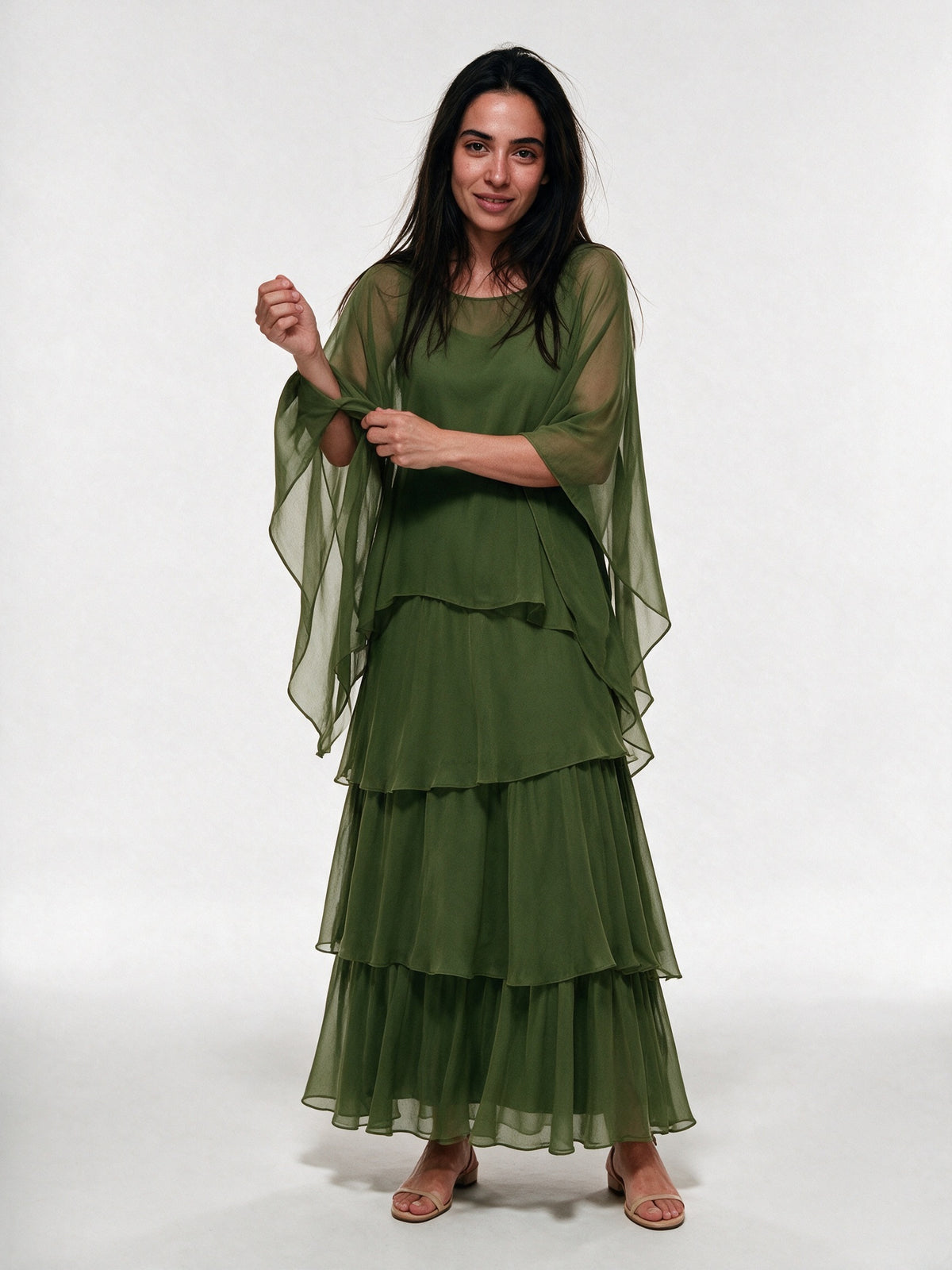 Ondine - Tiered Maxi Dress with Flowing Cape Overlay - Olive