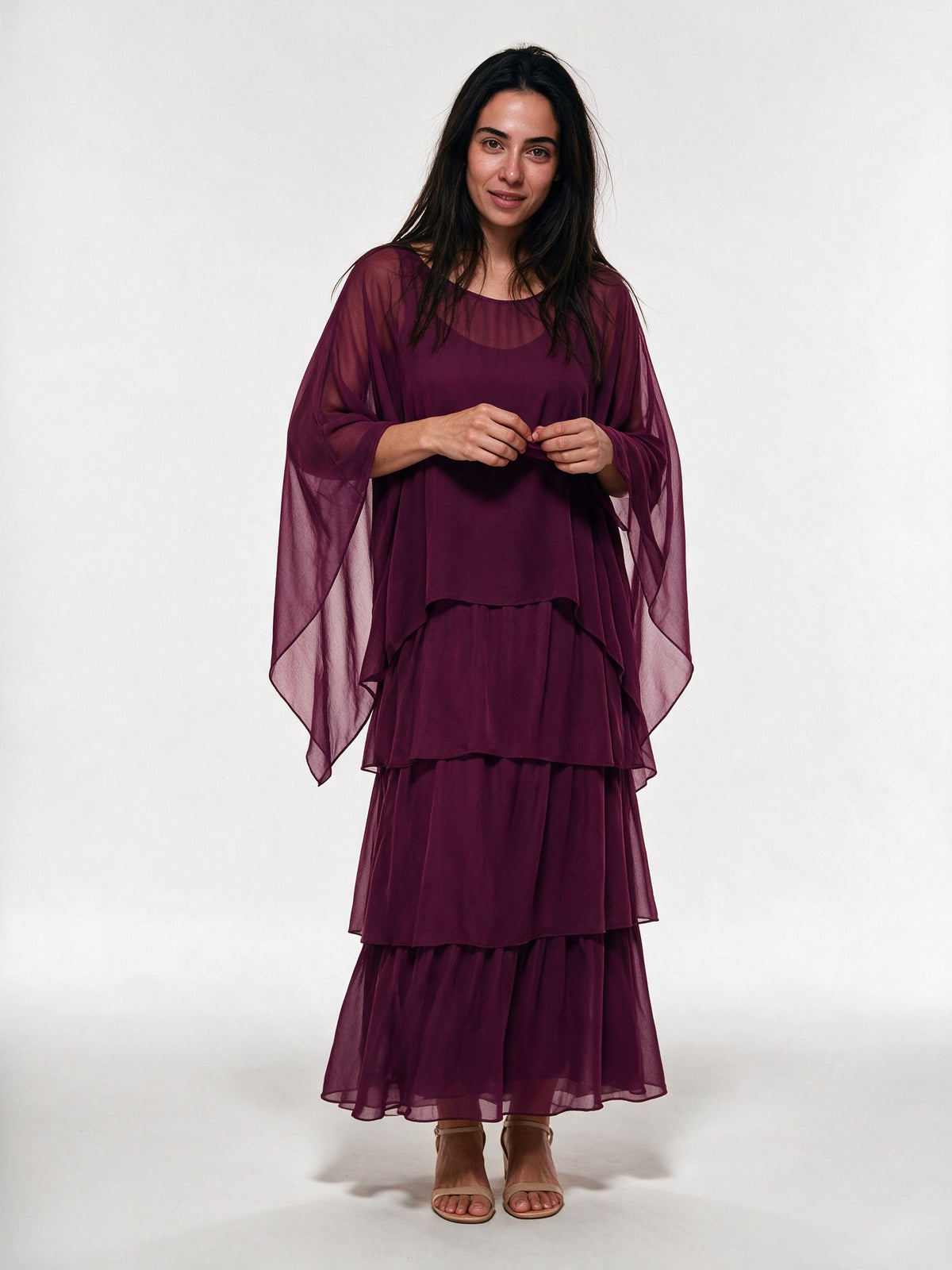 Ondine - Tiered Maxi Dress with Flowing Cape Overlay - Plum