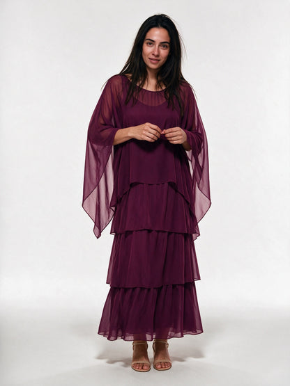 Ondine - Tiered Maxi Dress with Flowing Cape Overlay - Plum