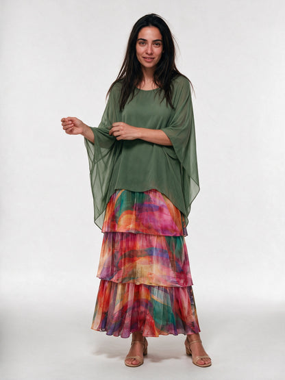 Ondine - Tiered Maxi Dress with Flowing Cape Overlay - Rainbow