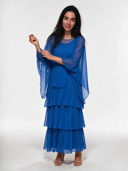 Ondine - Tiered Maxi Dress with Flowing Cape Overlay - Royal Blue