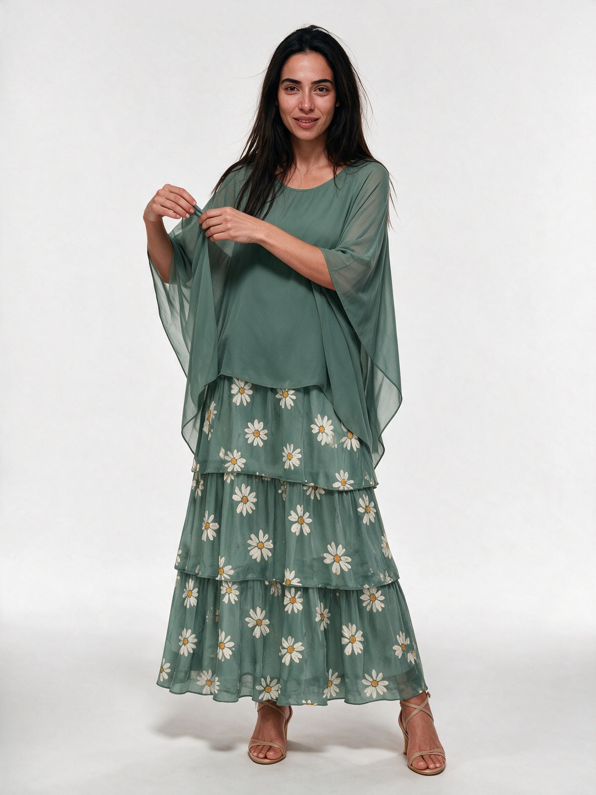 Ondine - Tiered Maxi Dress with Flowing Cape Overlay - Sage Daisy