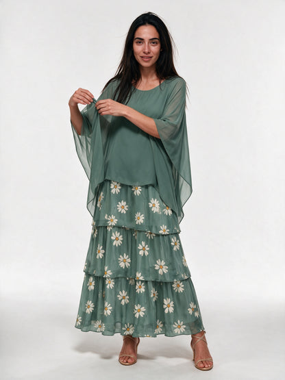 Ondine - Tiered Maxi Dress with Flowing Cape Overlay - Sage Daisy
