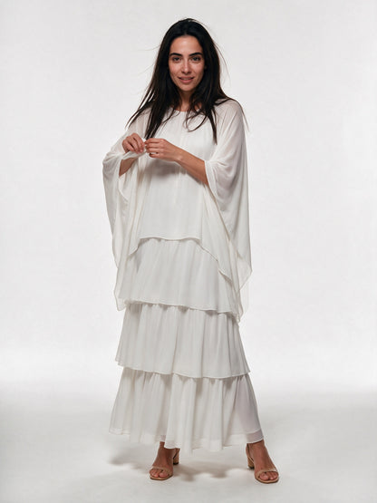 Ondine - Tiered Maxi Dress with Flowing Cape Overlay - White
