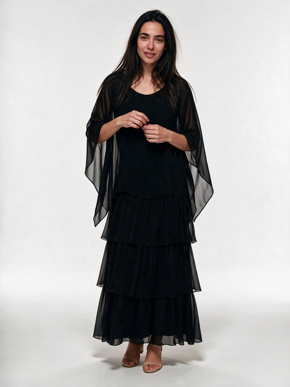 Ondine - Tiered Maxi Dress with Flowing Cape Overlay - view 1