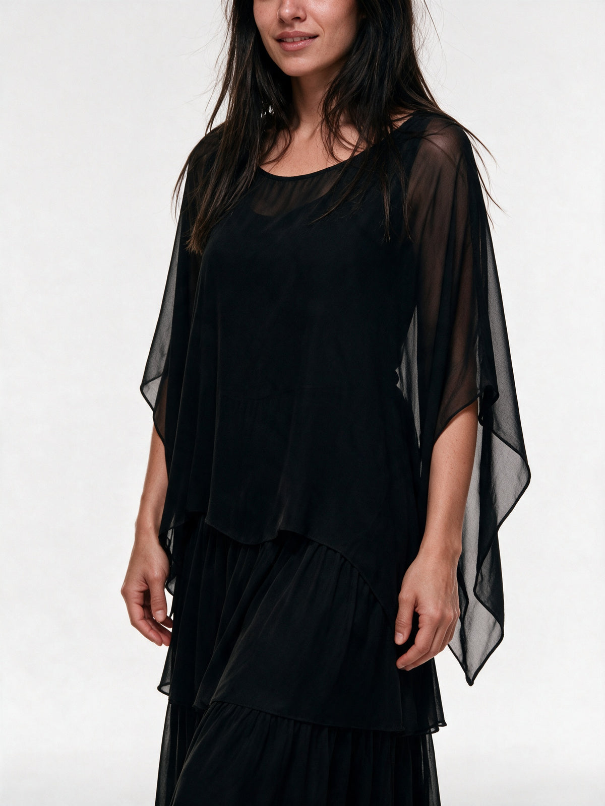 Ondine - Tiered Maxi Dress with Flowing Cape Overlay - view 3