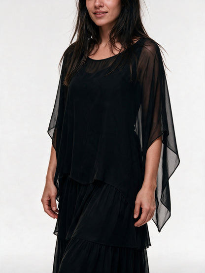 Ondine - Tiered Maxi Dress with Flowing Cape Overlay - view 3